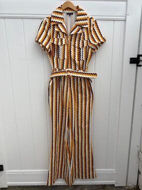 Smack Parlour Retro 1970's Chevron Belted Jumpsuit in Yellow and Brown Sz XL